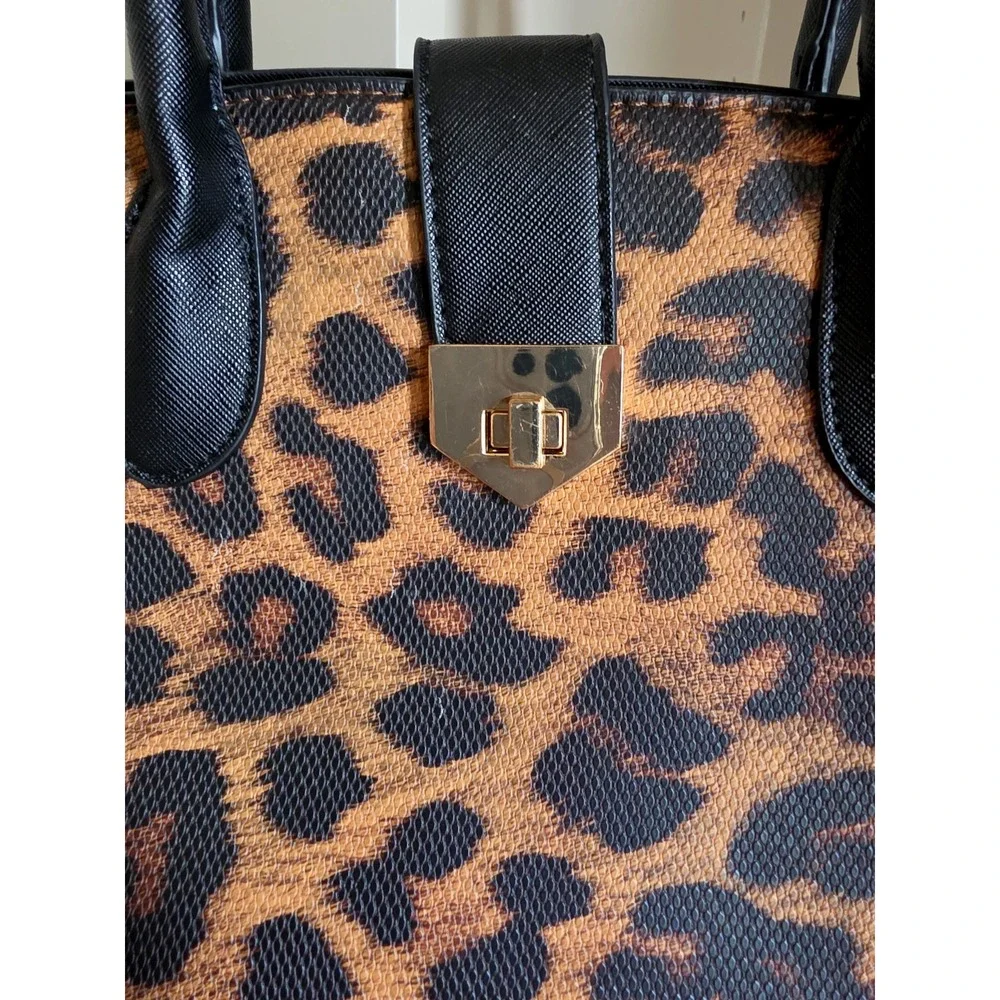 Leopard Print Satchel Bag – Black Handles & Gold Hardware - OS